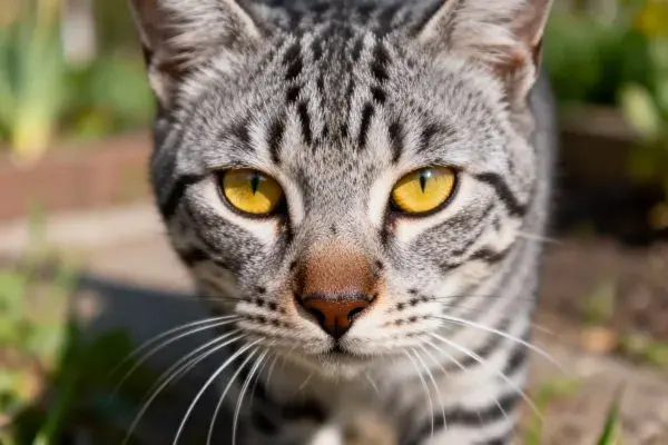 阳光明亮的花园中银虎斑短毛猫特写