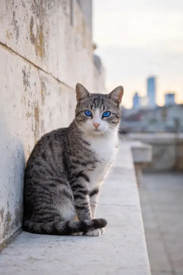 石墙旁的灰虎斑短毛家猫
