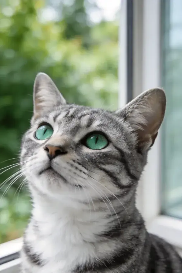 青灰虎斑短毛猫凝视窗外