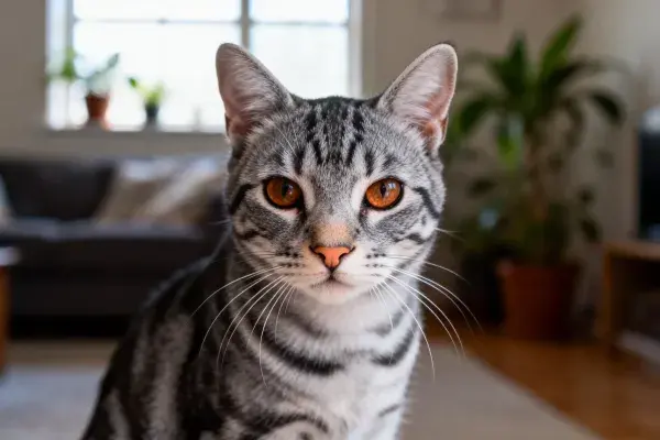 银虎斑短毛猫室内特写场景
