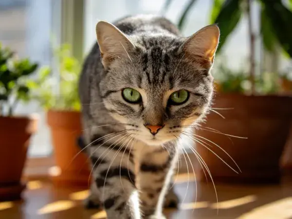 室内阳光下的短毛虎斑猫
