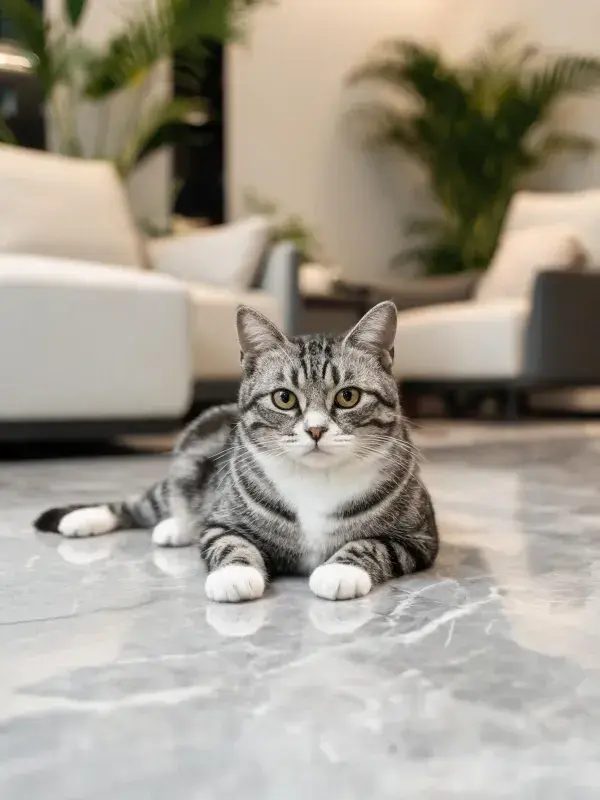 现代客厅大理石地面上的短毛虎斑猫
