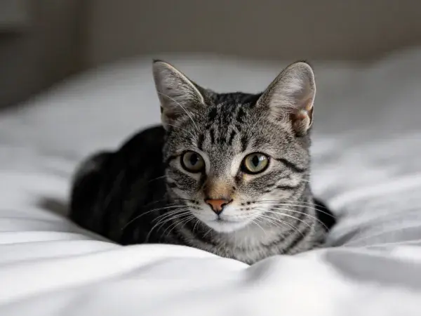 床榻上的短毛虎斑猫特写