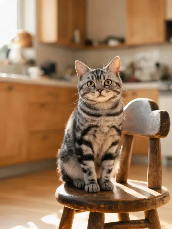 厨房暖光下的银色虎斑猫姿态