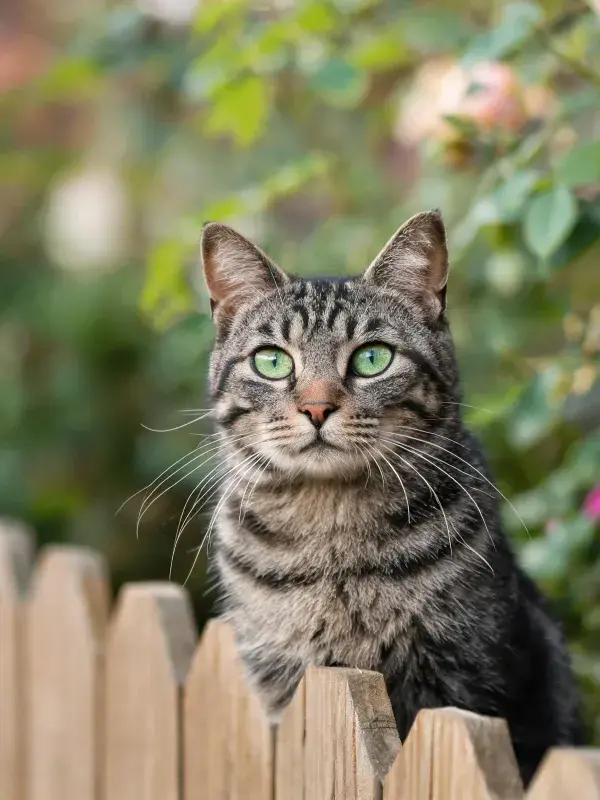 木栅栏后短毛虎斑猫探望景象