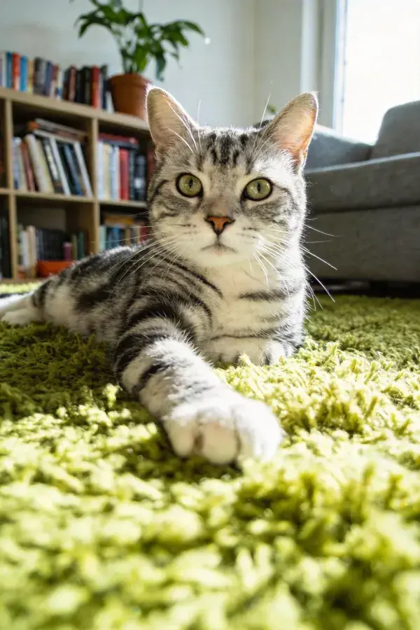 室内地毯上的银虎斑短毛猫