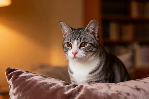 酒红色靠垫上的灰白短毛猫
