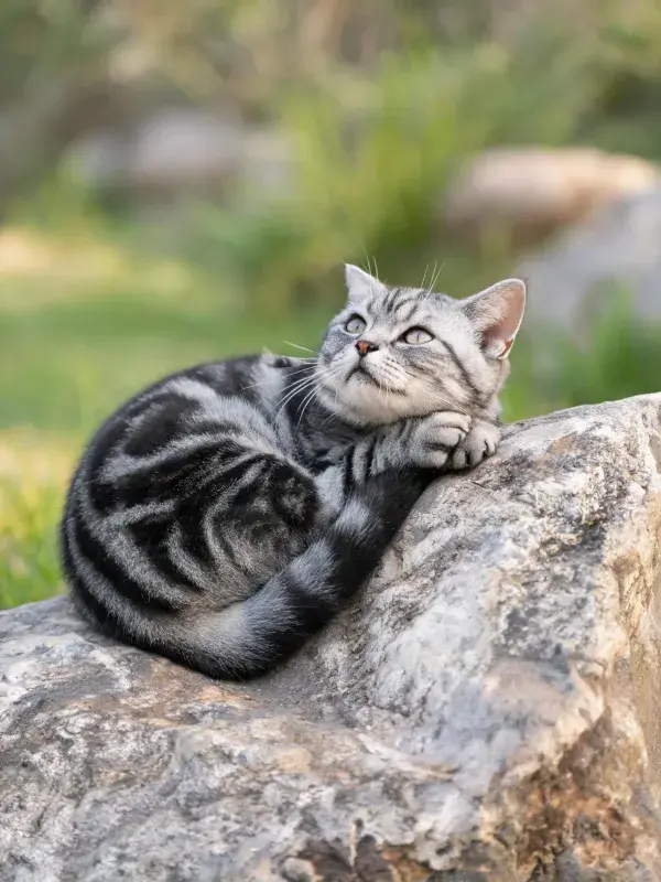 银虎斑短毛猫卧石上的凝视瞬间