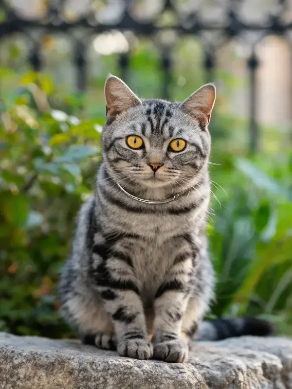 银色虎斑短毛猫坐石块上凝视