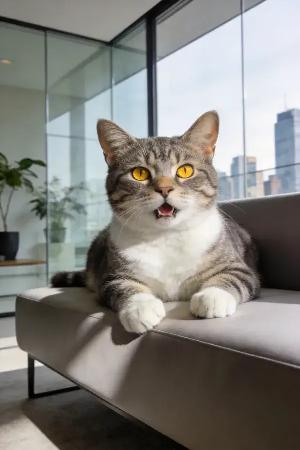 灰褐斑纹短毛猫张嘴坐于现代沙发