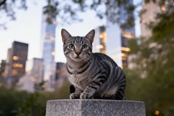 短毛虎斑猫在城市石柱上的停留