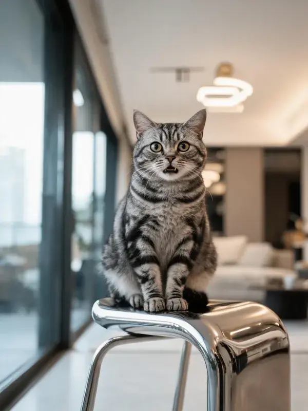 客厅暖光下的短毛虎斑猫坐姿
