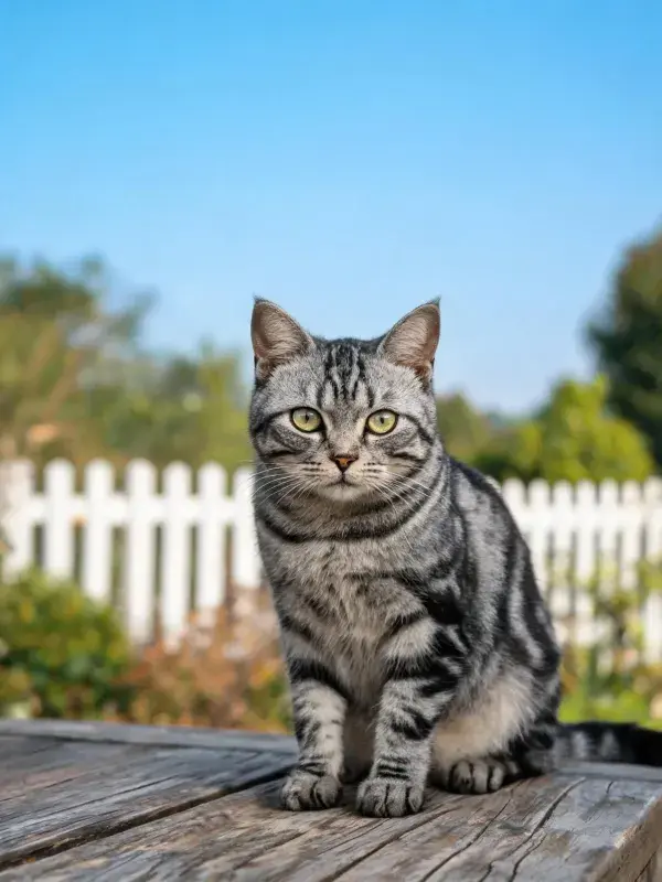 银色经典虎斑短毛猫于户外木质平台图景