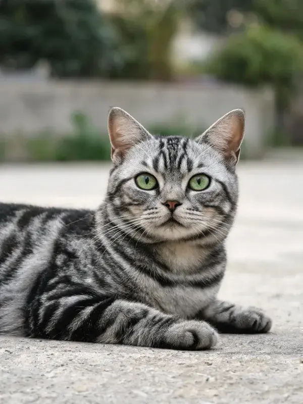 银色虎斑短毛猫静卧路面
