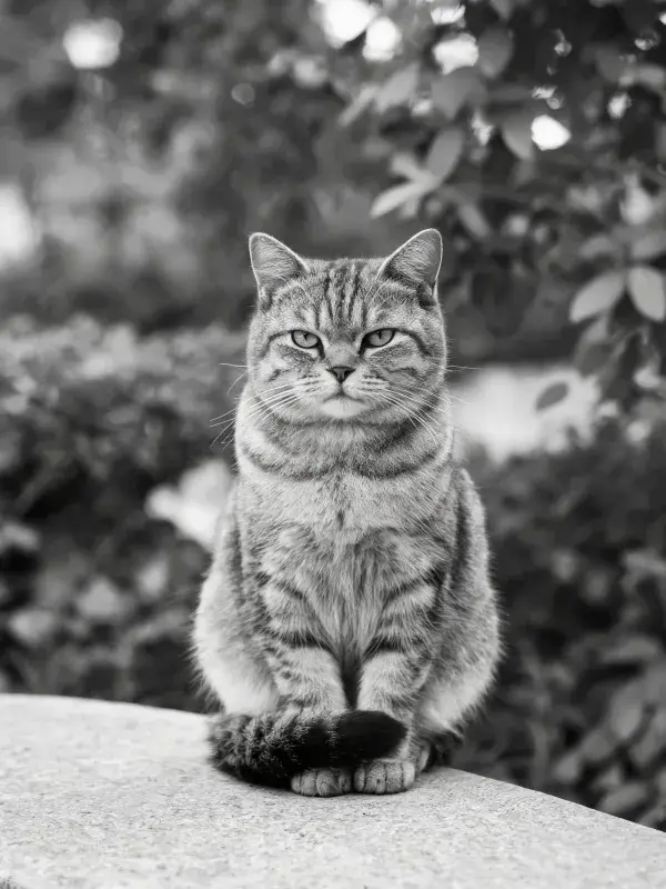 阴凉的户外石面上坐着的短毛虎斑猫