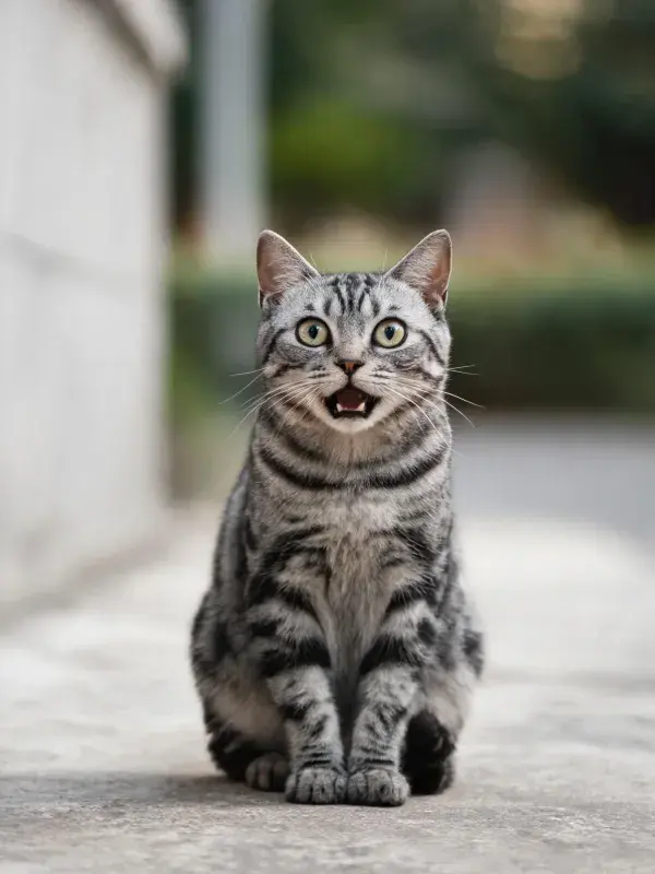 银色虎斑短毛猫张嘴凝视镜头瞬间