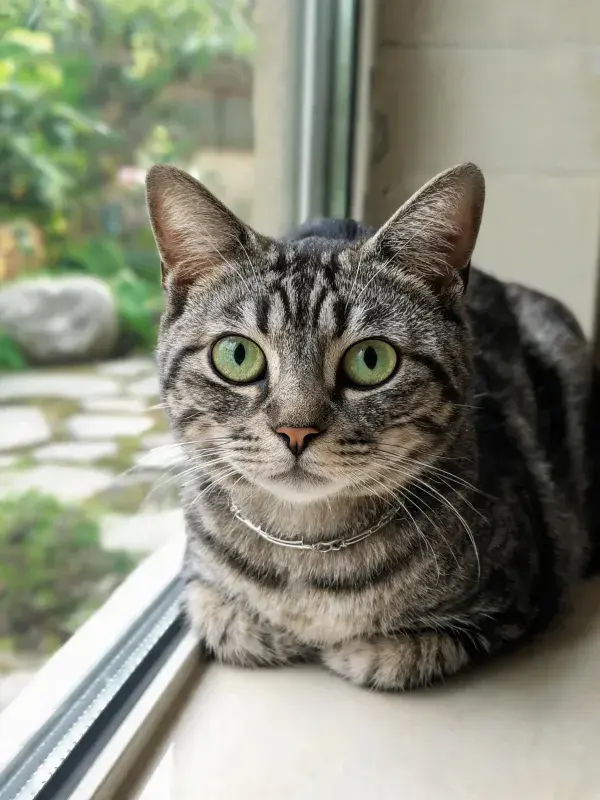 窗边静卧的灰虎斑短毛猫