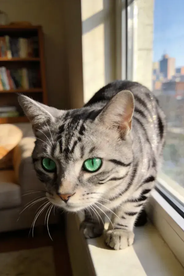 阳光下银虎斑猫注视窗外场景