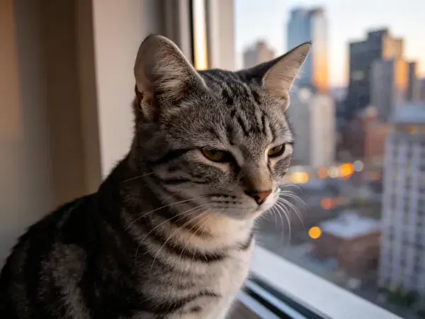 靠近窗户凝视户外的短毛虎斑猫