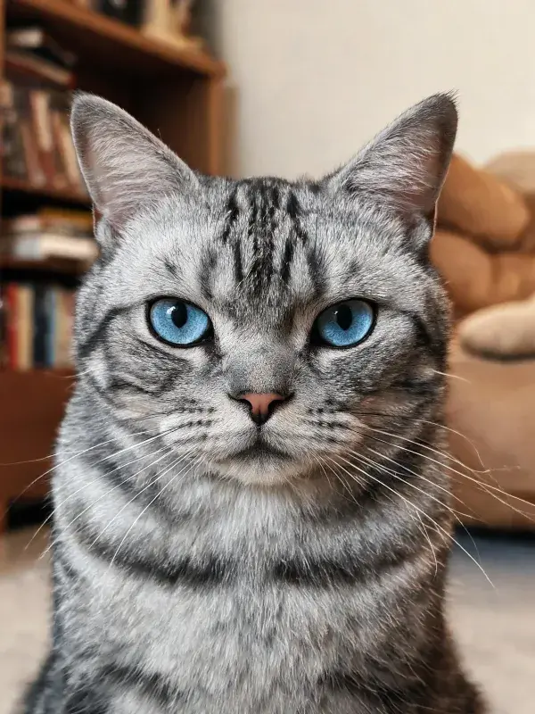 客厅书架旁银色虎斑猫图景