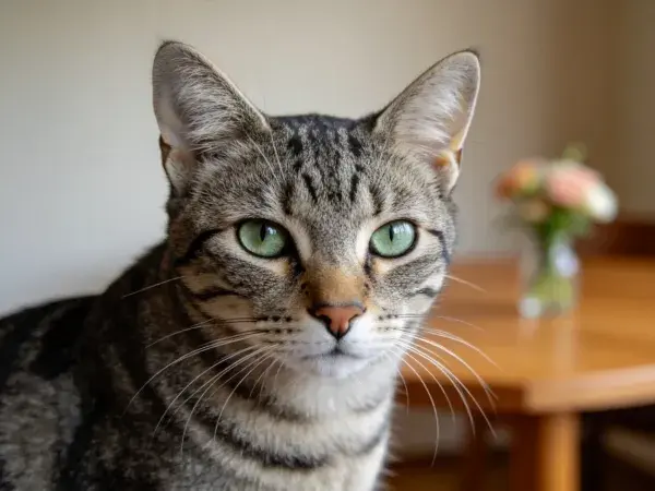 室内木质桌旁的短毛虎斑猫