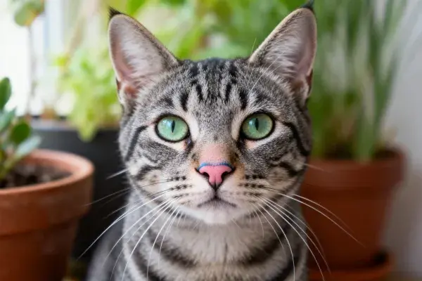 室内盆栽旁的短毛虎斑猫