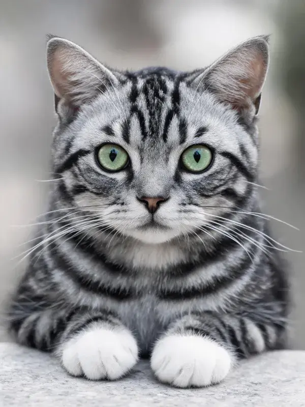 银虎斑短毛猫于浅灰背景前静坐
