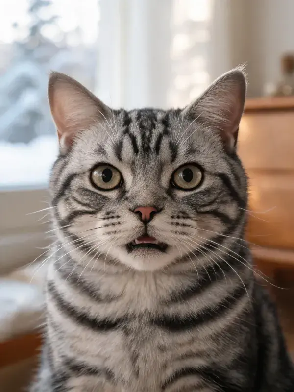 室内环境中银色虎斑短毛猫注视镜头的状态