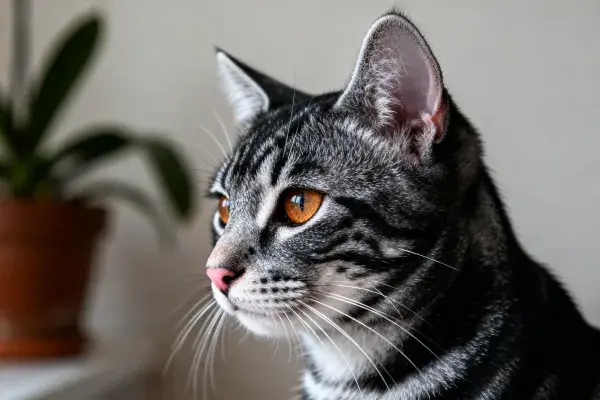 室内窗边凝视的灰虎斑短毛猫