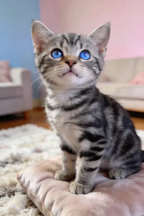 银虎斑短毛猫在室内软垫上的状态捕捉
