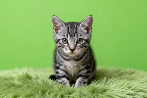 短毛虎斑家猫安静坐于绒毯上