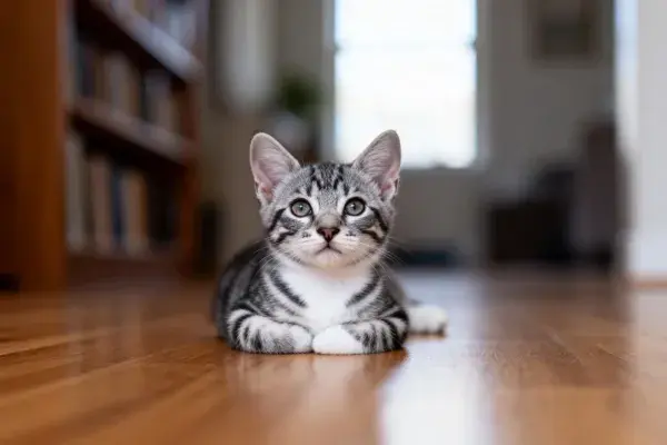 阳光明亮的室内环境中短毛虎斑家猫