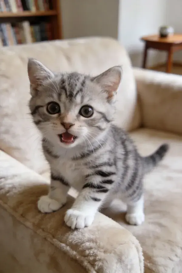 室内沙发上的银虎斑短毛家猫