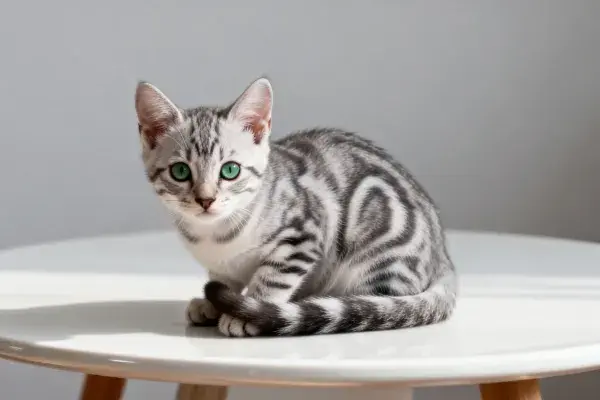 银虎斑猫静坐白色圆桌上的瞬间