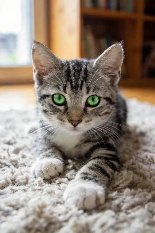 室内地毯上的灰黑条纹短毛猫