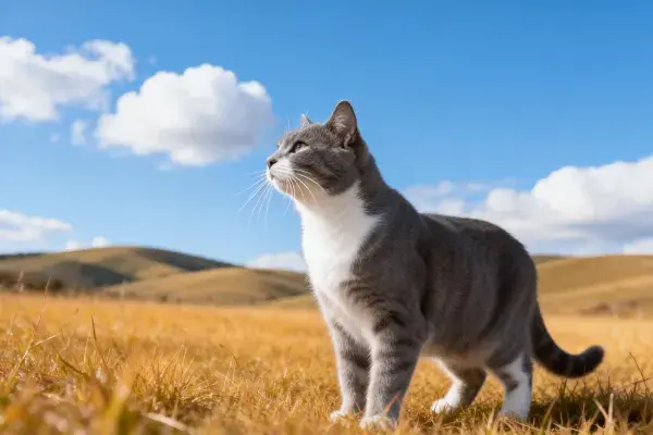 草原之上凝视远方的灰白短毛家猫