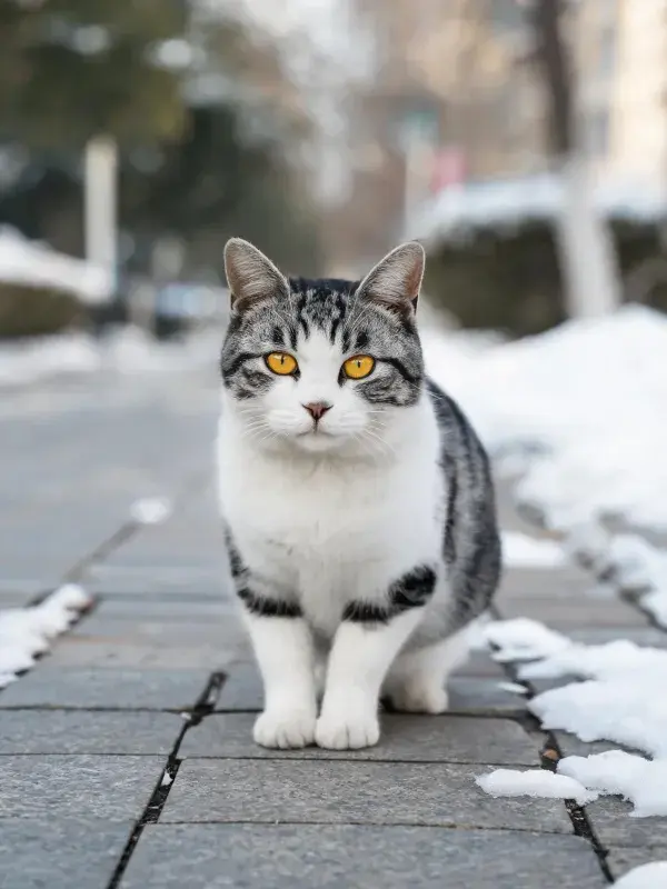 雪地砖石路上的灰白短毛家猫