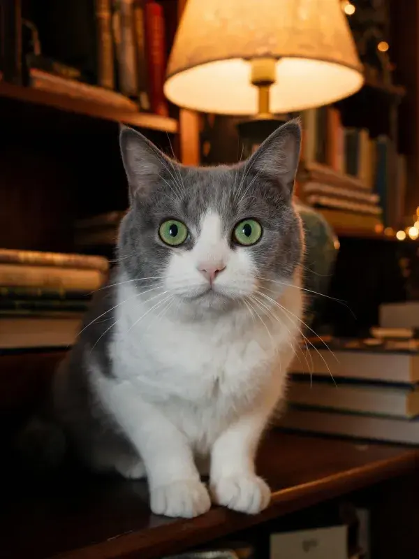 客厅书架上的灰白短毛家猫