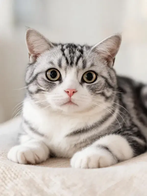 银色短毛猫在浅色织物上的安静姿态