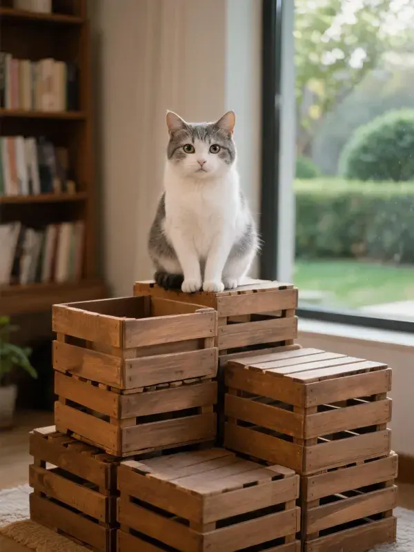 灰白短毛猫坐于木质堆叠物之上