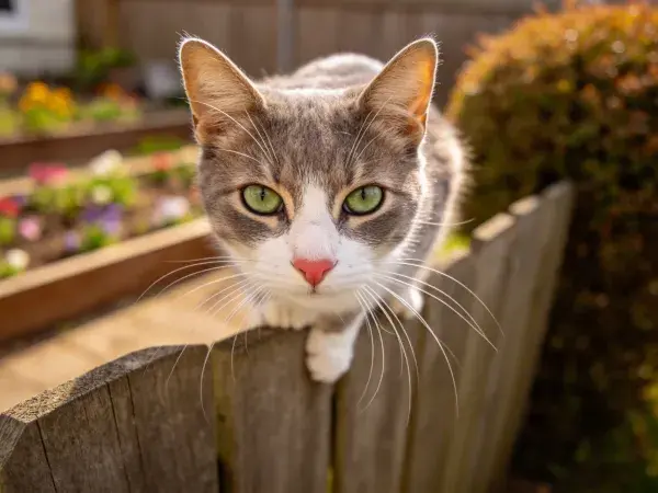 花园围栏旁的灰白花短毛家猫