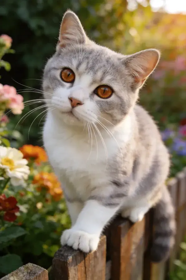 竹篱笆上的灰白短毛猫