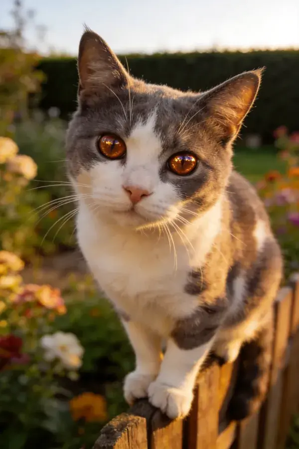 花园木栅栏上的灰白双色短毛家猫