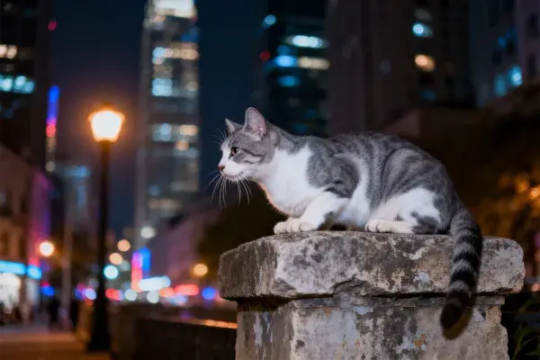 灰白短毛家猫凝视城市夜景