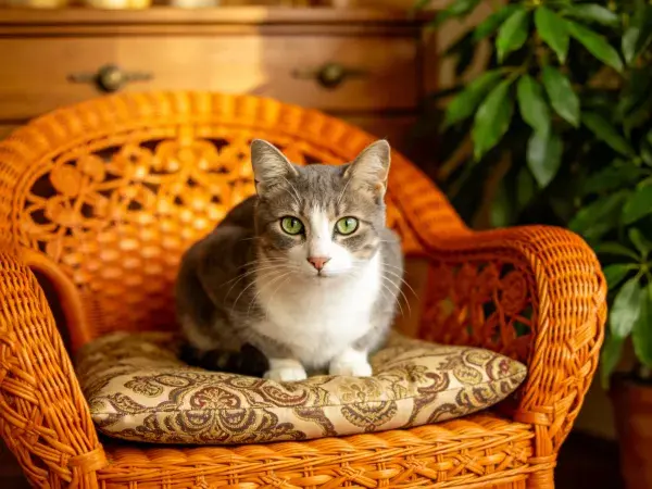 藤编座椅上的灰白短毛家猫