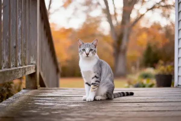 木廊上的灰虎斑短毛猫