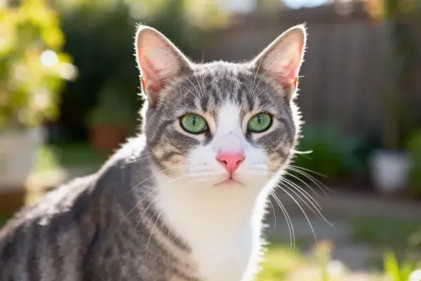 阳光花园中的灰虎斑短毛猫