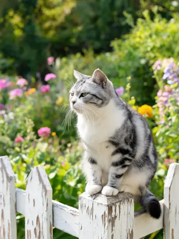露天花园中灰虎斑短毛猫的观察姿态