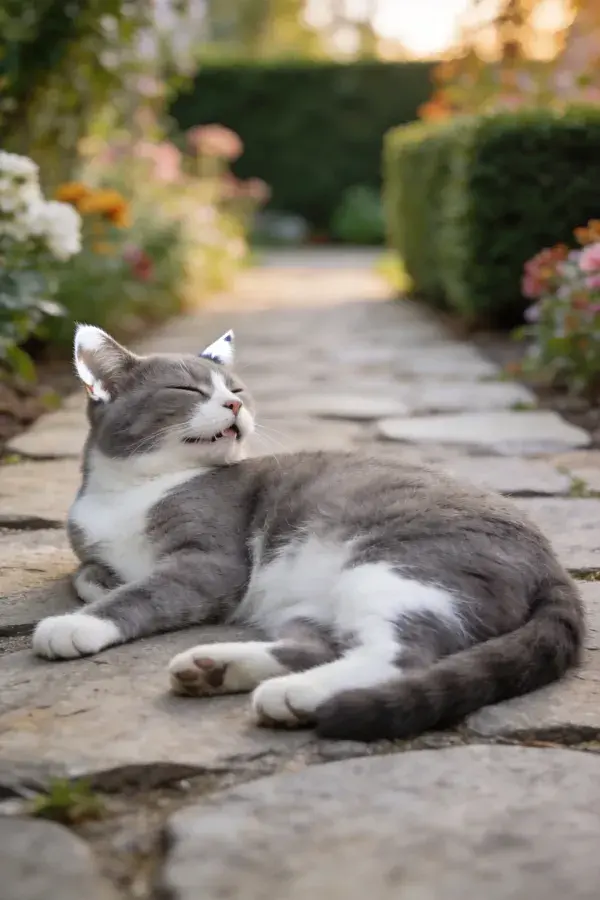 灰白相间短毛家猫躺卧石板路场景