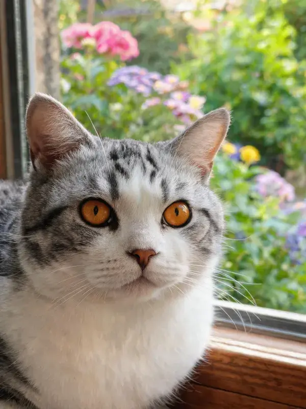 窗边灰白短毛猫凝视镜头的场景